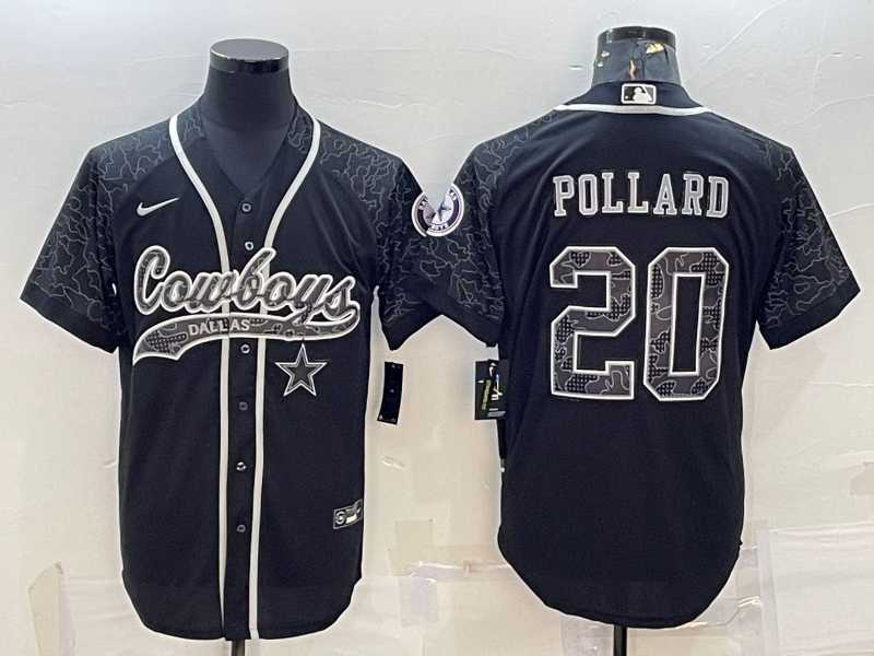 Mens Dallas Cowboys #20 Tony Pollard Black Reflective With Patch Cool Base Stitched Baseball Jersey
